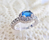 Turquoise Blue Glass Gem Dinner Ring Faux Diamond Halo 1990s Size 6 Fab Faux