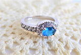 Turquoise Blue Glass Gem Dinner Ring Faux Diamond Halo 1990s Size 6 Fab Faux