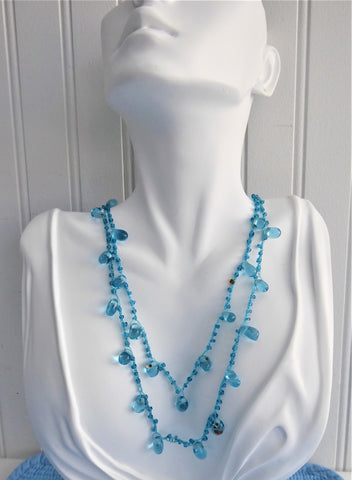 Turquoise Blue Art Glass Necklace Crocheted Artisan OOAK Glacier Ice Blue Teardrops