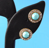 Turquoise Color Rhinestone Halo Earrings 1990s Round Rhinestones Posts