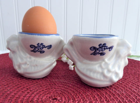 Chicken Eggcup Pair Pfaltzgraff Yorktowne Egg Cups Blue White Stoneware