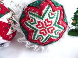Pair Christmas Ornaments Handmade Cross Stitch Patchwork Red Green 1995 Dorothy