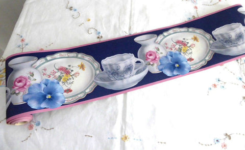 Wallpaper Border Teacups Pansies Plates Blue Pink 5 Inches Wide 1995 Open Roll