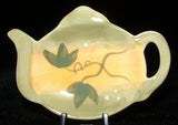 Tea Bag Caddy Mendocino Teapot Shape Hand Painted Porcelain Green Yellow Vines
