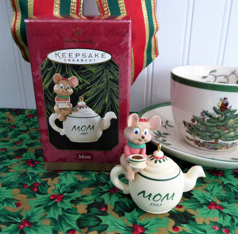 Mouse On Teapot Mom 1997 Christmas Tree Ornament Hallmark Keepsake Ornament Boxed