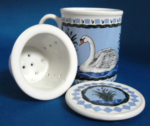 Swan Tea Mug With Infuser And Coaster Birds Blue And White Blue And White Infuser Mug