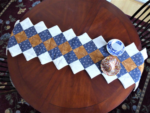 Handmade Patchwork Table Runner Blue White Brown Squares Toothed Edge Unfinished
