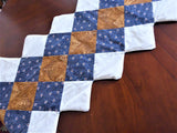 Handmade Patchwork Table Runner Blue White Brown Squares Toothed Edge Unfinished