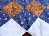 Handmade Patchwork Table Runner Blue White Brown Squares Toothed Edge Unfinished