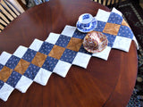 Handmade Patchwork Table Runner Blue White Brown Squares Toothed Edge Unfinished