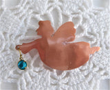 Copper Flying Angel Brooch Pin Blue Rhinestone Dangle Artisan
