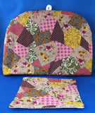 Tea Cozy Faux Patchwork Padded US Hand Made New With Trivet Burgundy Pink
