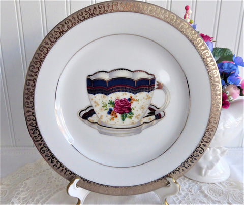 Pretty Teacup Center Salad Buffet Plate Platinum Embossed Border Teacup Decor Tea Party