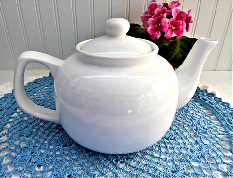 White Brown Betty Teapot Ribbed Large Shiny Glaze Pottery
