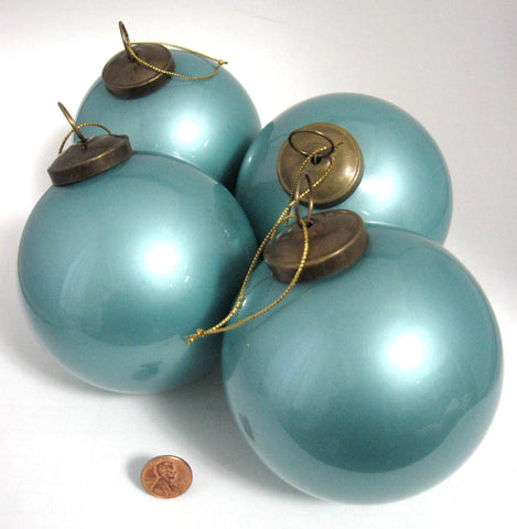 Pottery Barn Pearlized Aqua Blue Christmas Tree Ornaments 4 Large Glass Balls