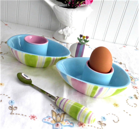 Egg Shape 2 Egg Cups Egg Dishes With Spoon Stripes Hand Painted 2004