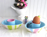 Egg Shape 2 Egg Cups Egg Dishes With Spoon Stripes Hand Painted 2004