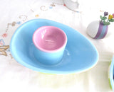 Egg Shape 2 Egg Cups Egg Dishes With Spoon Stripes Hand Painted 2004