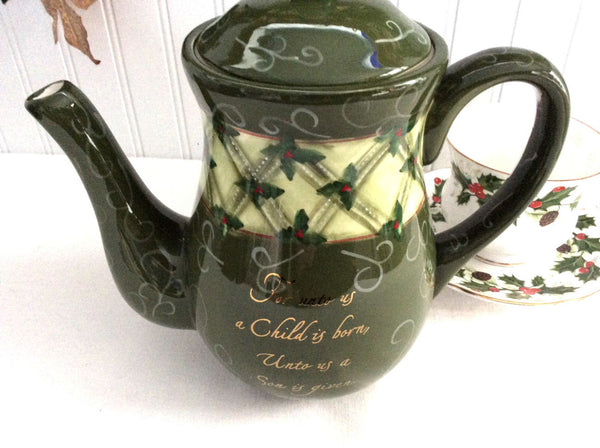 Teapot Christmas For Unto Us Coffeepot Holly Dayspring Scripture Tall ...
