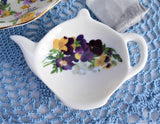 Tea Bag Caddy Pansies Teapot Shape England Bone China Violas Violets 2006