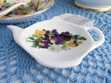 Tea Bag Caddy Pansies Teapot Shape England Bone China Violas Violets 2006
