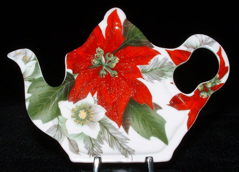 Poinsettia Tea Bag Caddy Royal Patrician Teapot Shape New Christmas Holiday