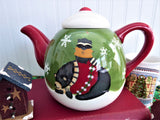 Debbie Mumm Christmas Winter Folk Art Teapot Bear Racoon Large Holiday Winter