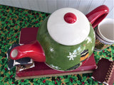 Debbie Mumm Christmas Winter Folk Art Teapot Bear Racoon Large Holiday Winter