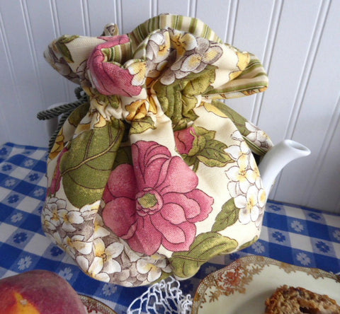 Padded Tea Cozy Reversible Peach Yellow Floral Striped Lining USA Handmade