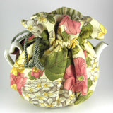 Padded Tea Cozy Reversible Peach Yellow Floral Striped Lining USA Handmade