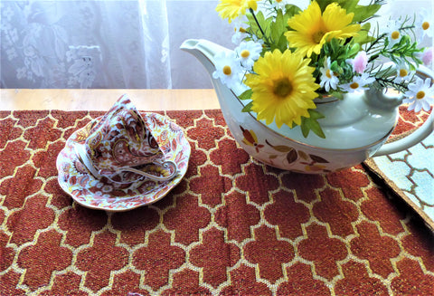 Fall Metallic Tapestry Table Runner Orange Gold Brown Moorish Tile 72 Inches Buffet