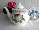 Vintage Rose Teapot Roy Kirkham England Bone China 6 Cups Pink Rose Blue Blush