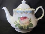 Vintage Rose Teapot Roy Kirkham England Bone China 6 Cups Pink Rose Blue Blush