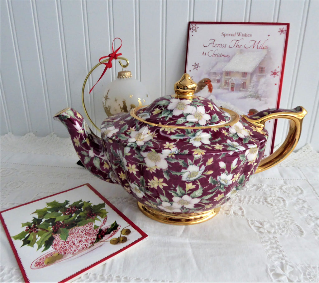 Sadler Teapot Holiday Chintz England Christmas 1995 Red Christmas Rose