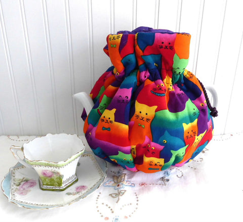 Colorful Cats Tea Cozy Padded Purple Cord And Purple lining USA Handmade