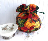 Fall Tea Cozy Padded Green Cord And lining USA Handmade Pumpkins Apples Reversible