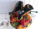 Fall Tea Cozy Padded Green Cord And lining USA Handmade Pumpkins Apples Reversible