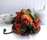 Fall Tea Cozy Padded Green Cord And lining USA Handmade Pumpkins Apples Reversible