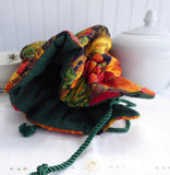 Fall Tea Cozy Padded Green Cord And lining USA Handmade Pumpkins Apples Reversible