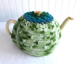 Crocheted Tea Cozy Teal Variegated Green Heather Hand Made Cosy Medium Stretchy US Artisan
