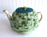 Crocheted Tea Cozy Teal Variegated Green Heather Hand Made Cosy Medium Stretchy US Artisan