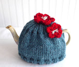 Applied Flowers Tea Cozy Teal Heather Hand Knitted Cosy Medium Stretchy US Artisan