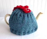 Applied Flowers Tea Cozy Teal Heather Hand Knitted Cosy Medium Stretchy US Artisan
