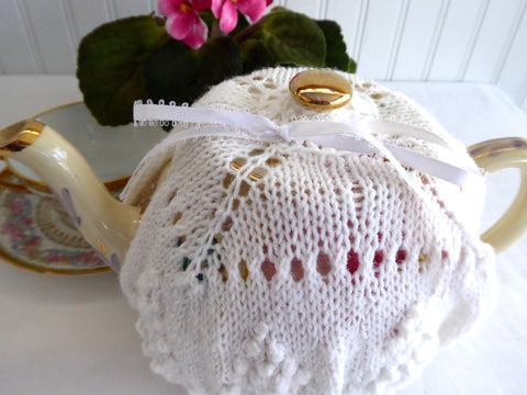 Fancy White Hand Knit Tea Cozy Popcorn Stitch Fan Cosy Knitted Medium Stretchy