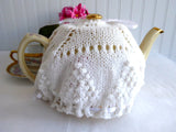 Fancy White Hand Knit Tea Cozy Popcorn Stitch Fan Cosy Knitted Medium Stretchy