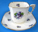 Sweet Violets Tea Cup and Saucer Flower Handle Royal Stafford 1940s Square Cup As Is - Antiques And Teacups - 1