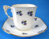 Sweet Violets Tea Cup and Saucer Flower Handle Royal Stafford 1940s Square Cup As Is - Antiques And Teacups - 2