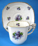 Sweet Violets Tea Cup and Saucer Flower Handle Royal Stafford 1940s Square Cup As Is - Antiques And Teacups - 3