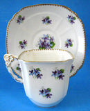 Sweet Violets Tea Cup and Saucer Flower Handle Royal Stafford 1940s Square Cup As Is - Antiques And Teacups - 4