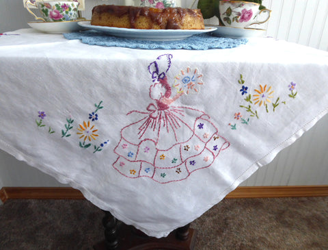 Crinoline Lady Tea Cloth Tablecloth England Embroidered Linen 30 Inch Bridge Tea Party 1940s